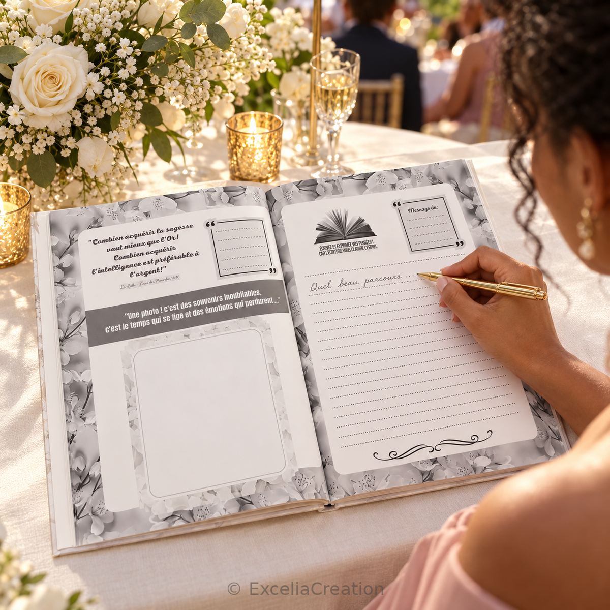 Convive écrivant dans le livre d’or blanc floral, avec pages de messages et espace pour photo