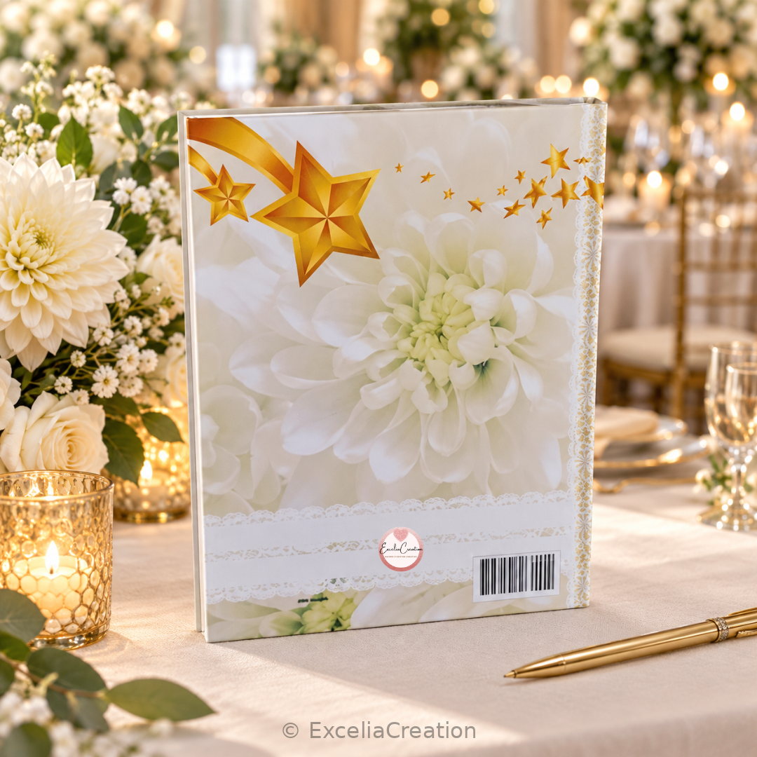 Dos du livre d’or blanc floral avec logo ExceliaCreation, présenté sur une table de mariage