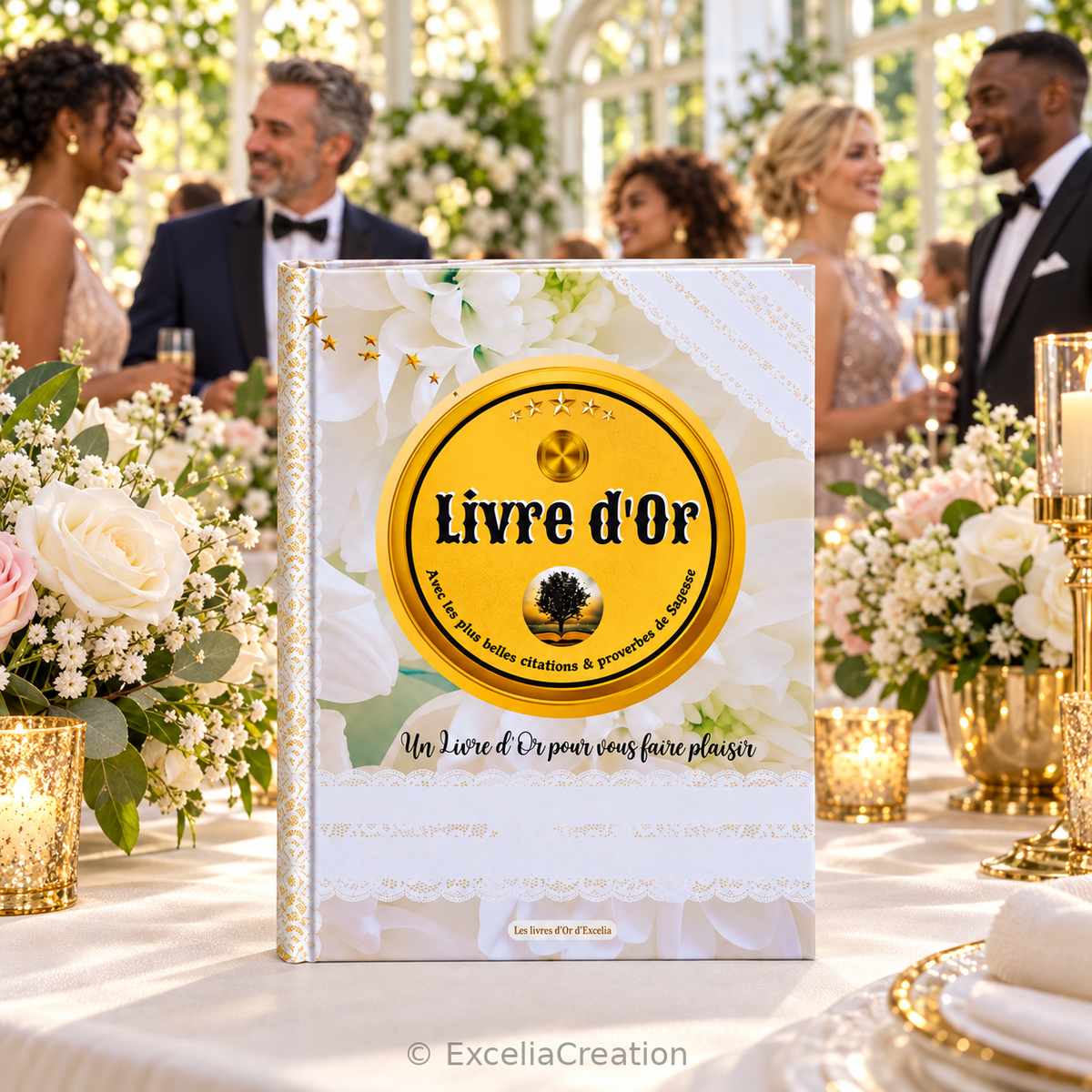 Livre d’or blanc floral au premier plan d’une réception lumineuse avec des convives