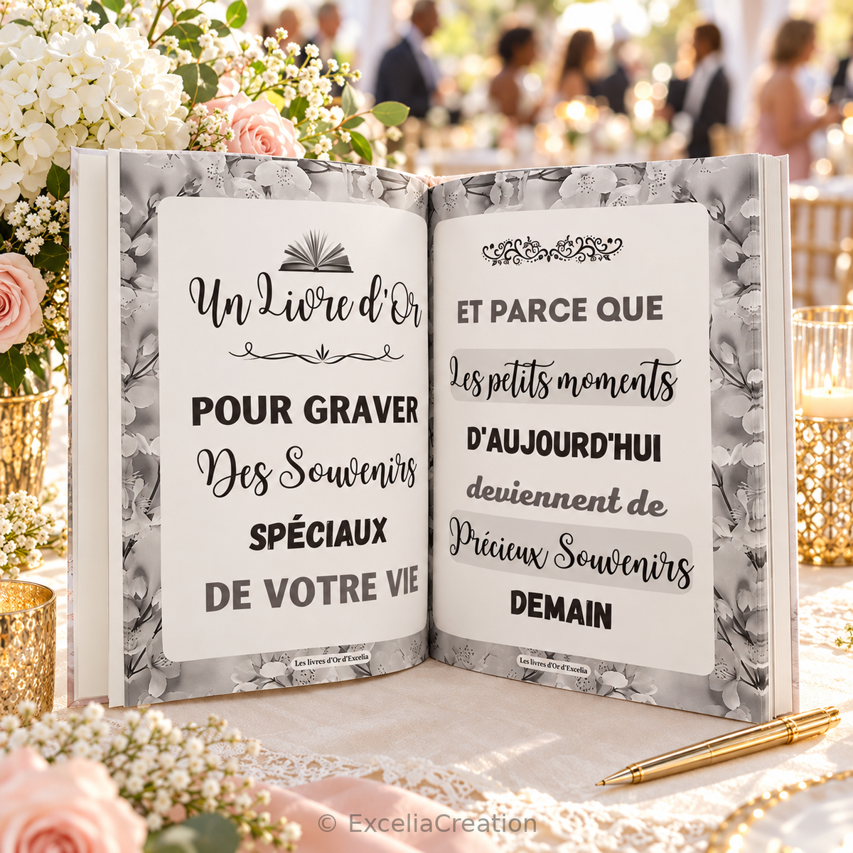 Livre d’or blanc floral ouvert sur ses pages de présentation en nuances de gris