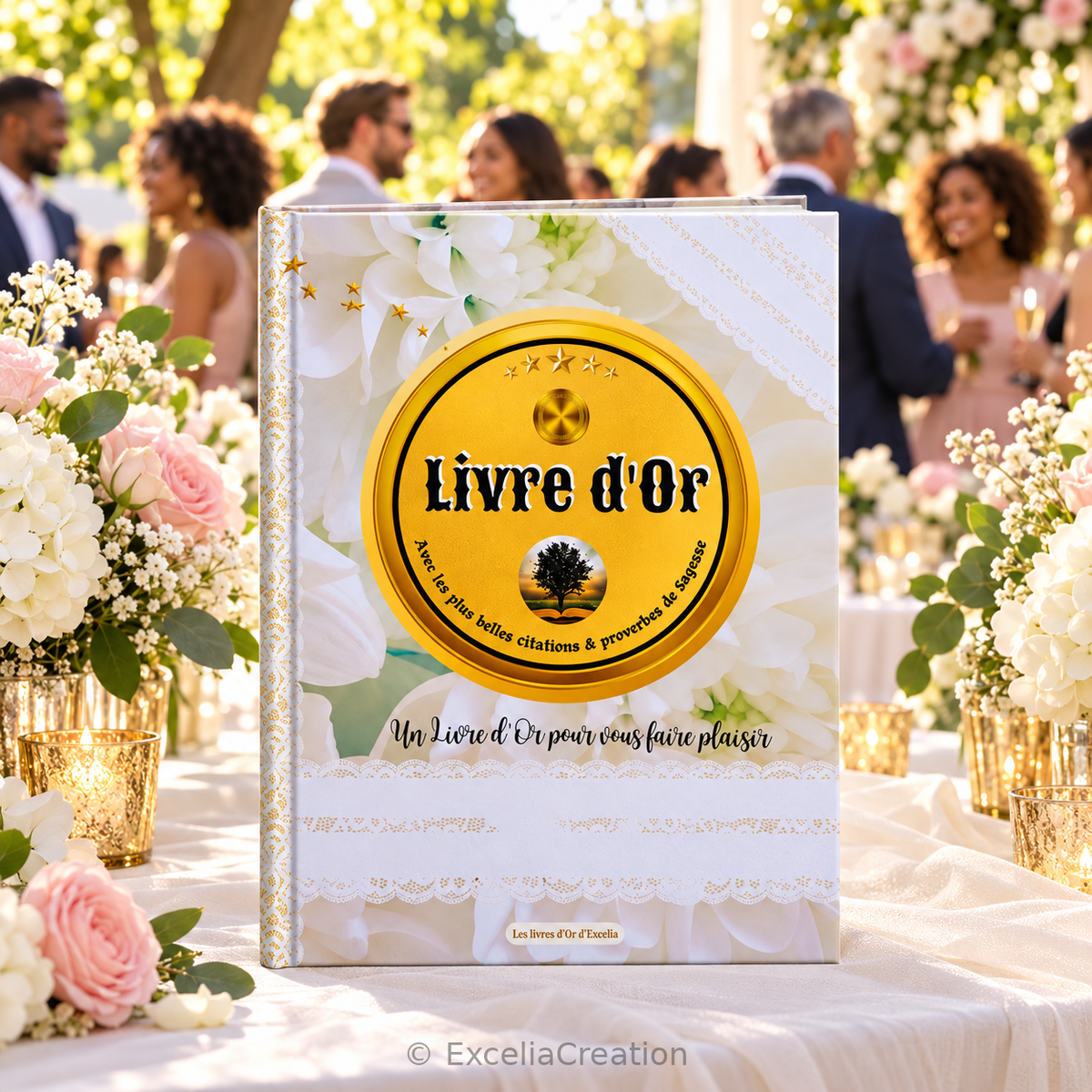 Livre d’or blanc floral présenté sur une table de réception avec des convives