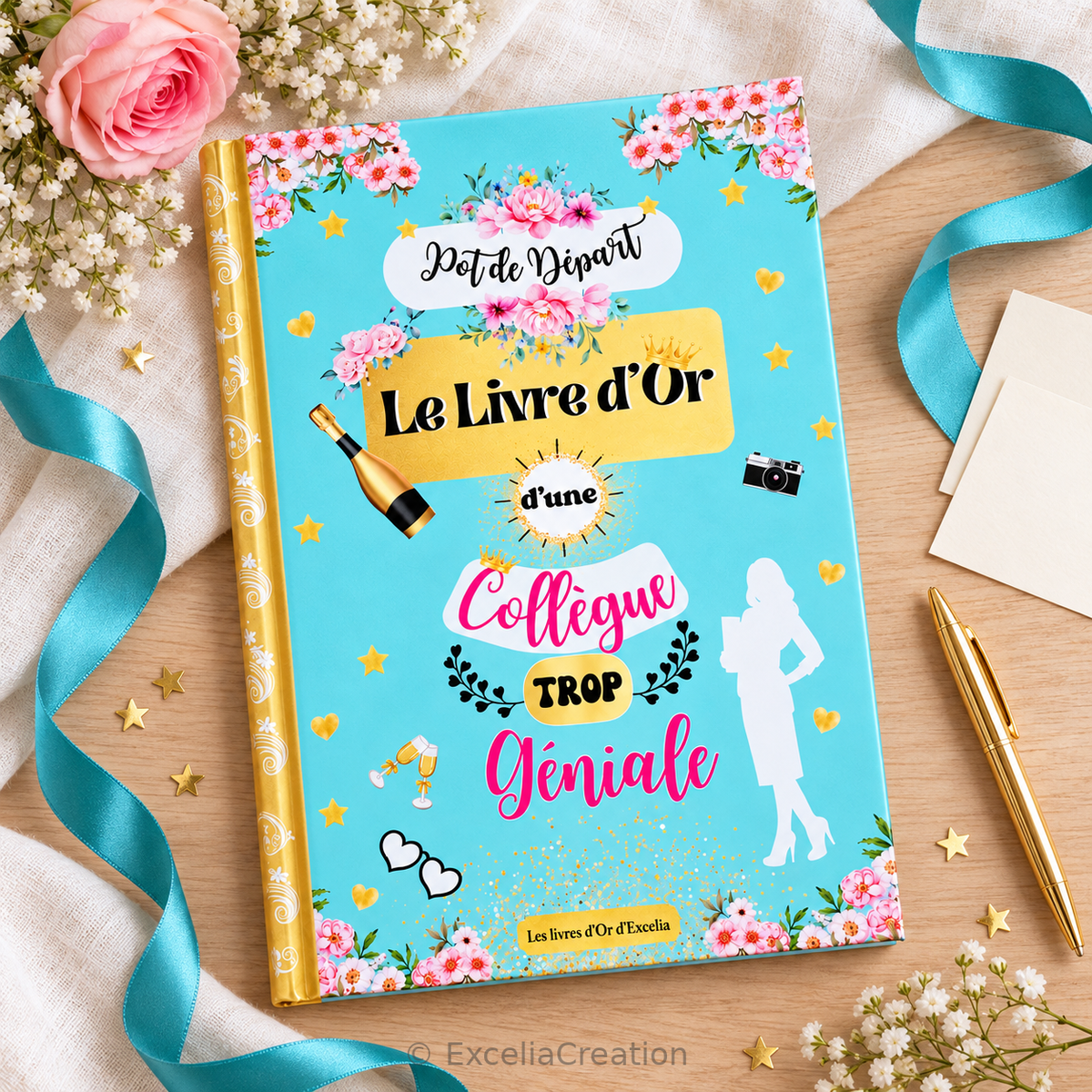 Livre d’or de départ en vue à plat avec ruban turquoise