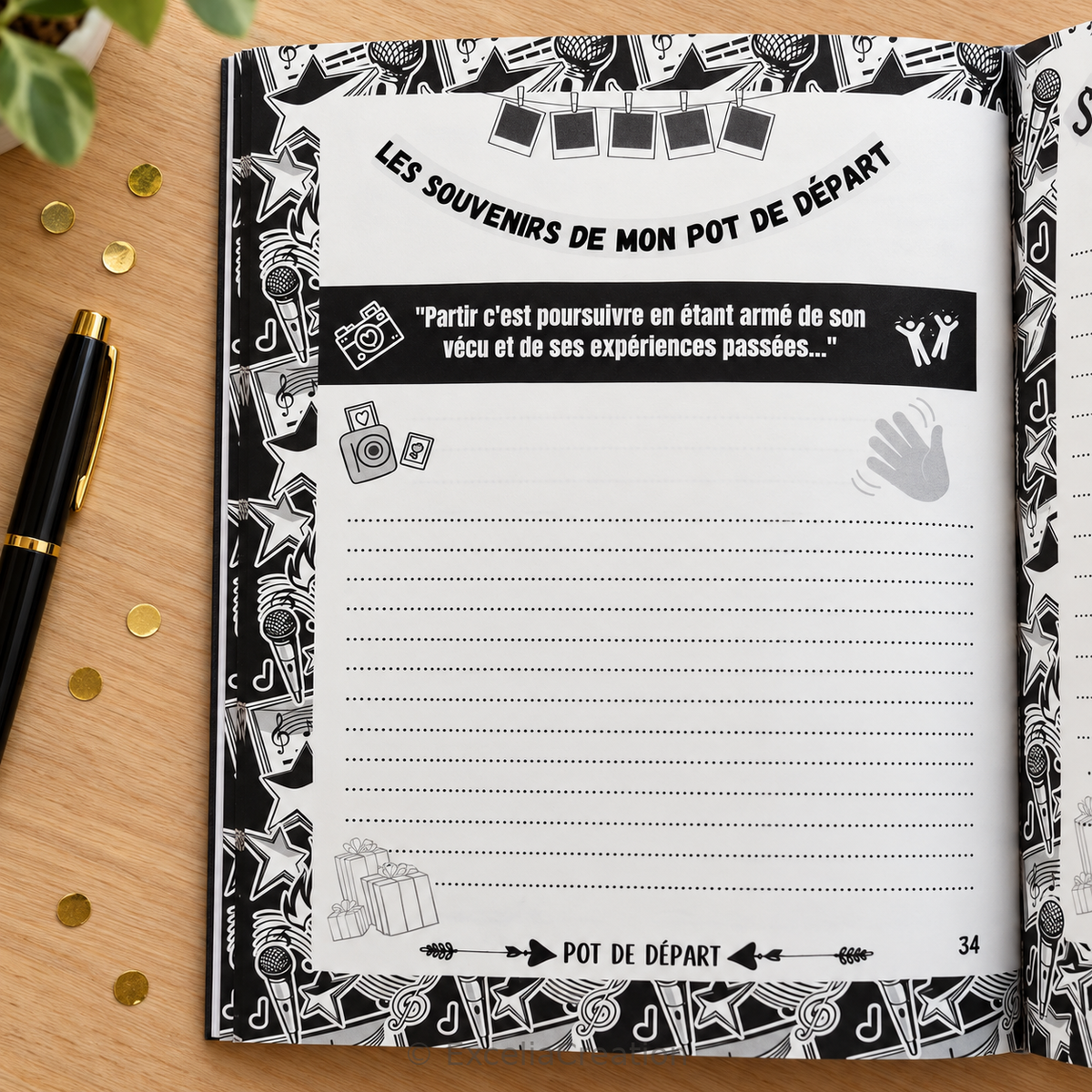 Page de souvenirs avec une citation sur le départ et les expériences passées