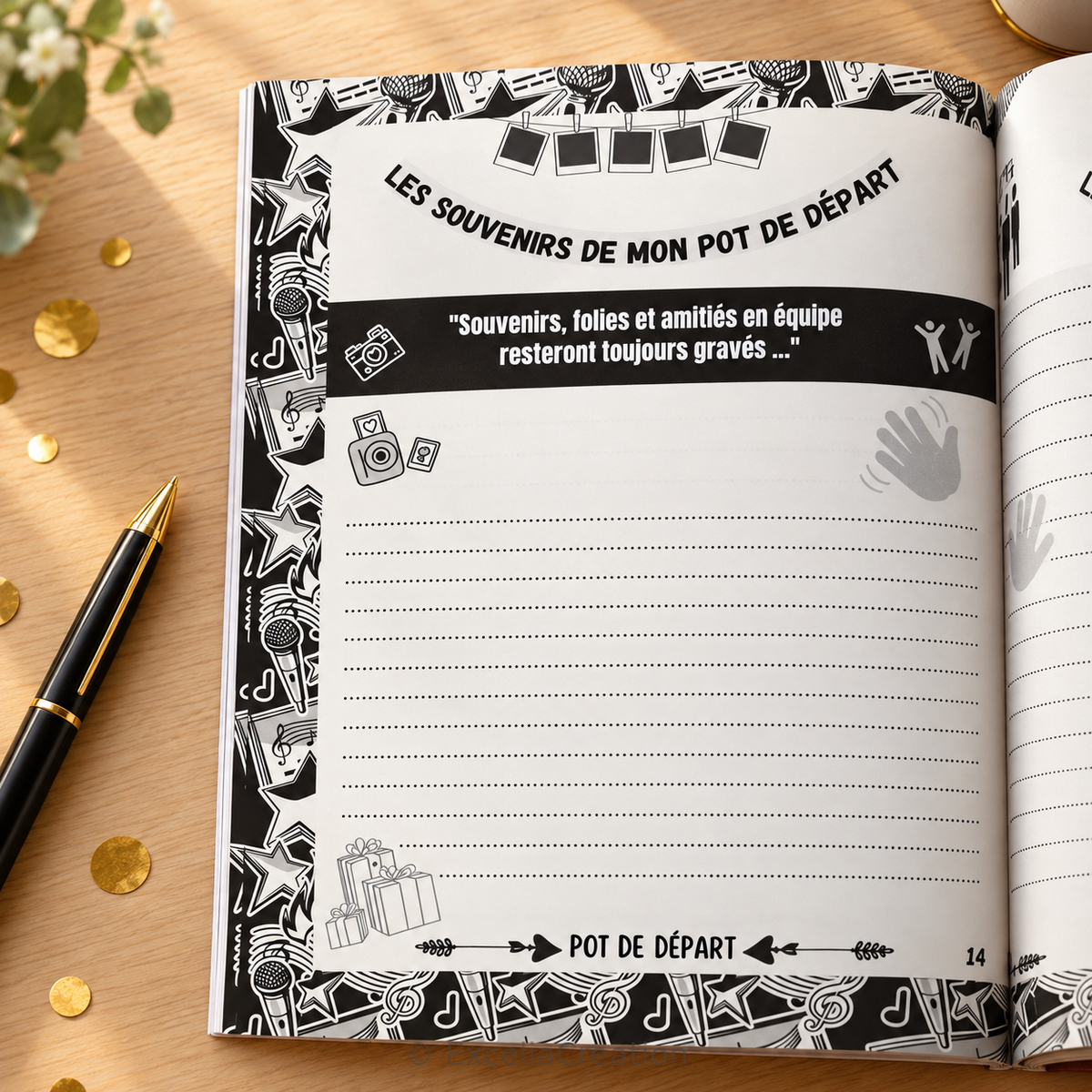 Page de souvenirs du pot de départ avec des lignes à compléter