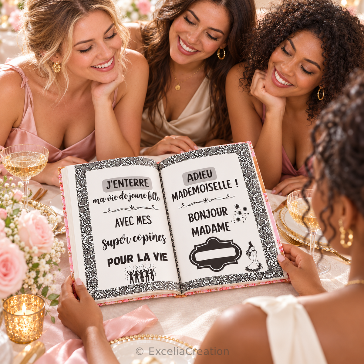 La future mariée découvre les pages de son livre d’or avec ses amies