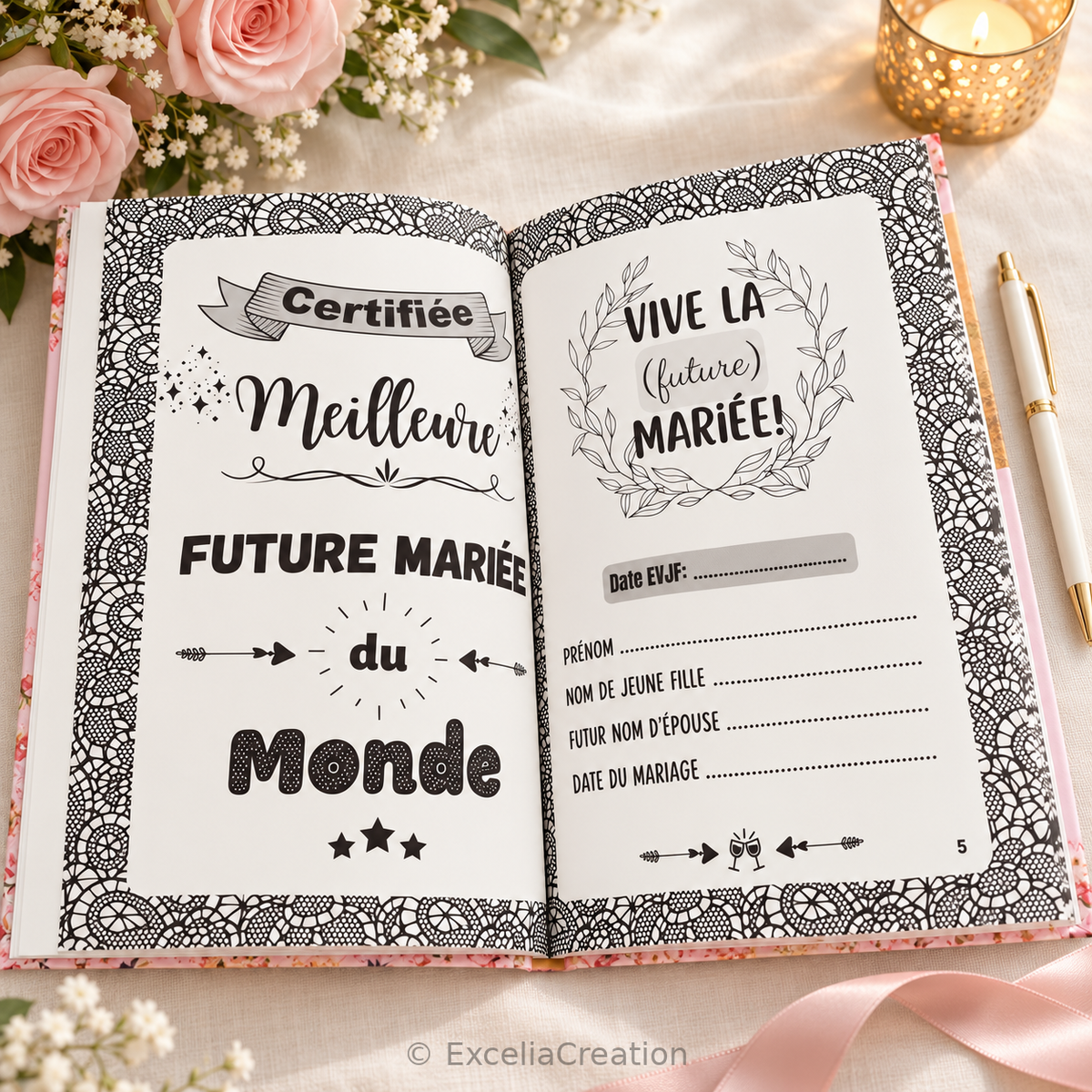 Double page Certifiée meilleure future mariée du monde et informations à compléter