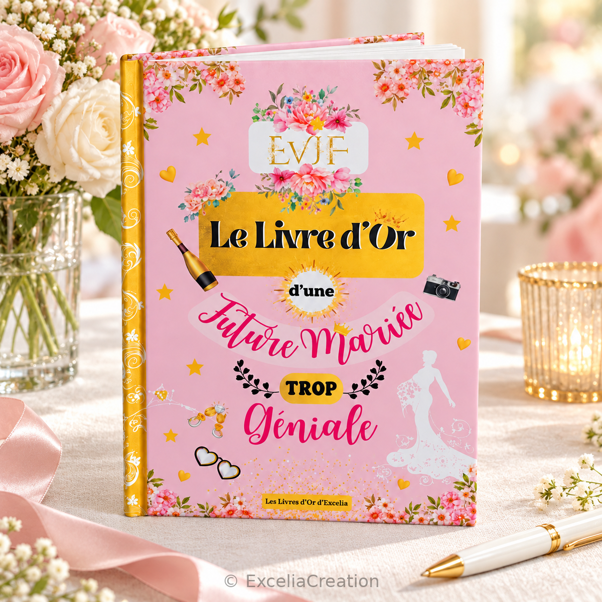 Livre d’or EVJF sur une table avec roses et ruban rose