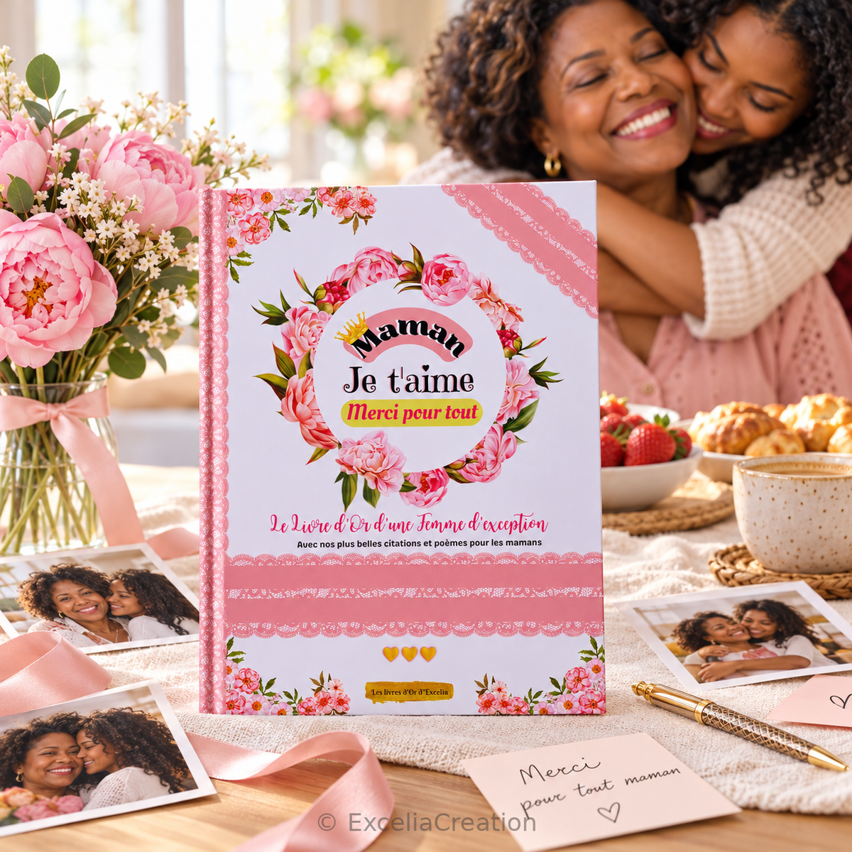 Livre d’or pour maman présenté lors d’un brunch surprise entre mère et fille