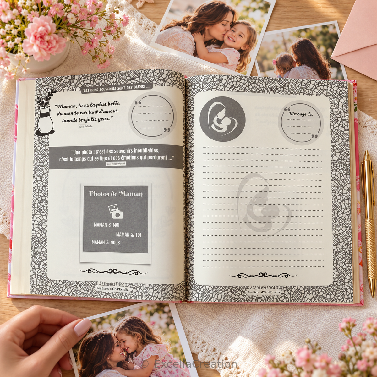 Pages du livre d’or pour maman avec espaces pour photos souvenirs et messages