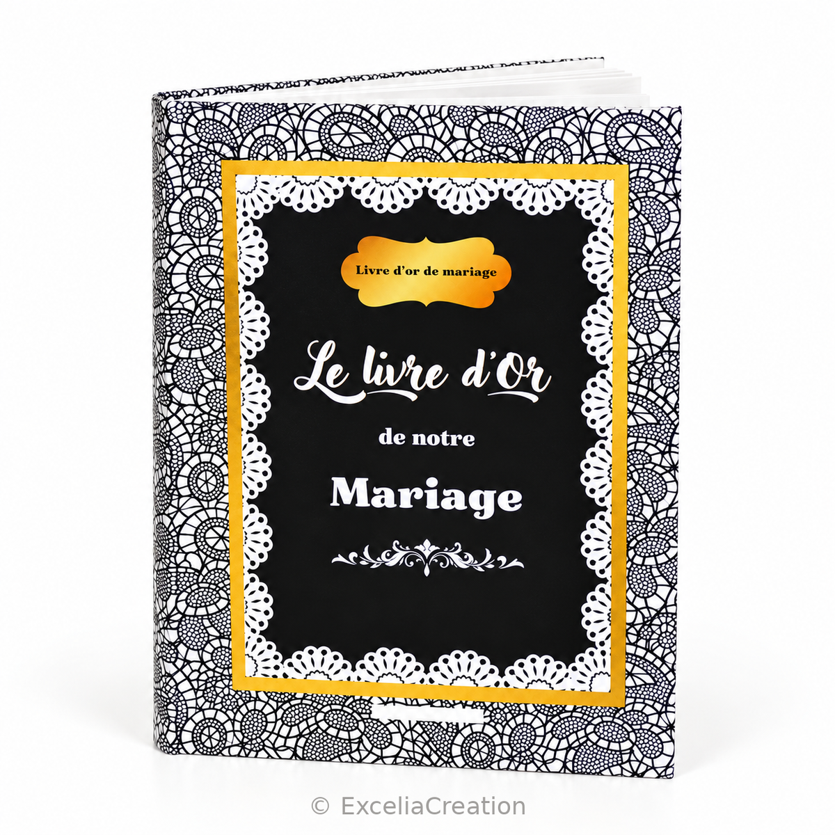 Livre d’or de mariage Chic noir et blanc, couverture rigide à motifs dentelle