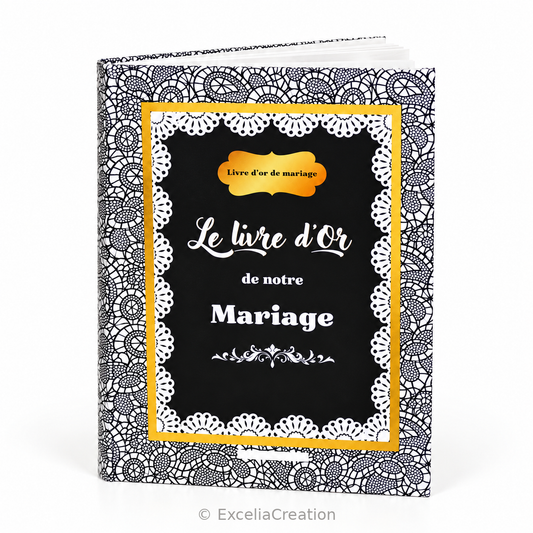 Livre d’or de mariage Chic noir et blanc, couverture rigide à motifs dentelle