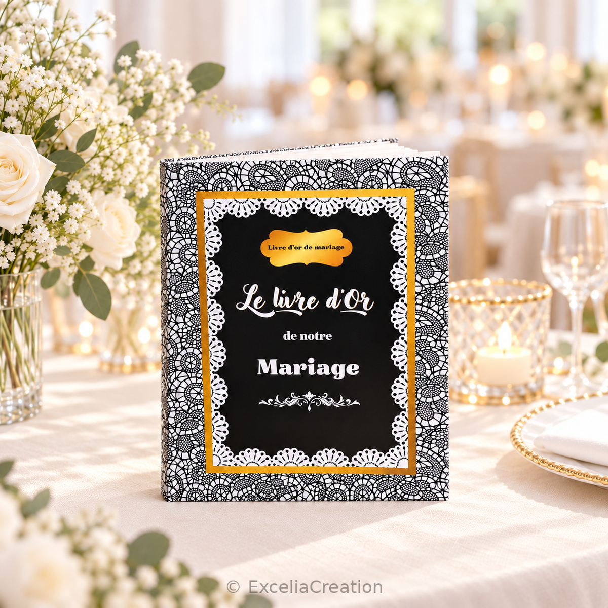 Livre d’or noir et blanc sur une table de mariage avec fleurs blanches