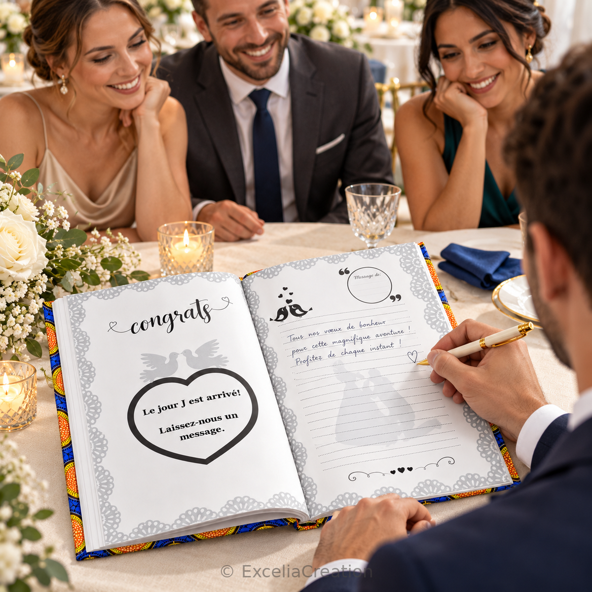 Vue par-dessus l’épaule d’un invité écrivant dans le livre d’or Wax
