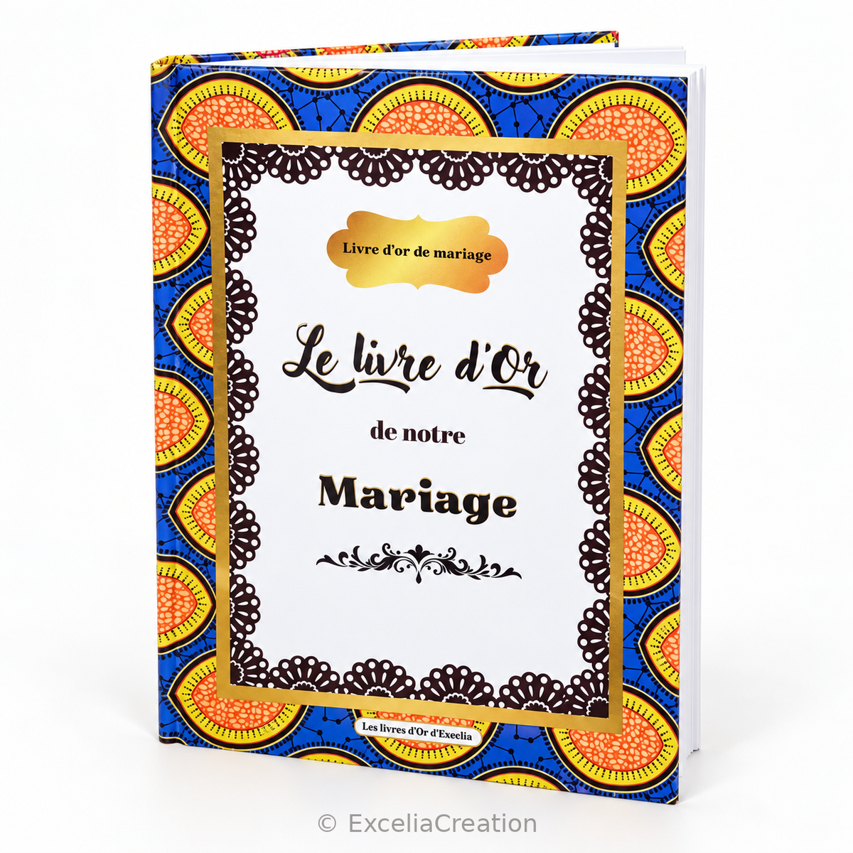 Livre d’or de mariage Wax, couverture rigide blanche avec motifs bleus, jaunes et orange