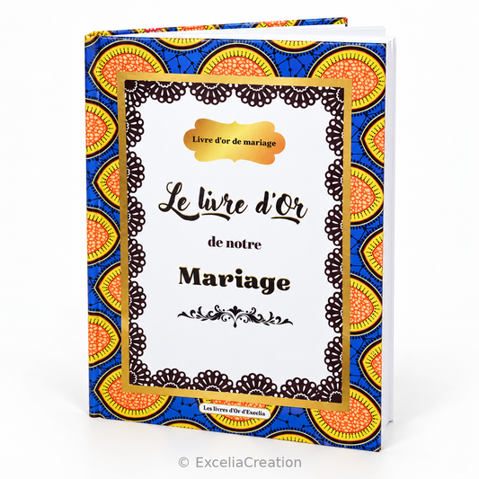 Livre d’or de mariage Wax, couverture rigide blanche avec motifs bleus, jaunes et orange