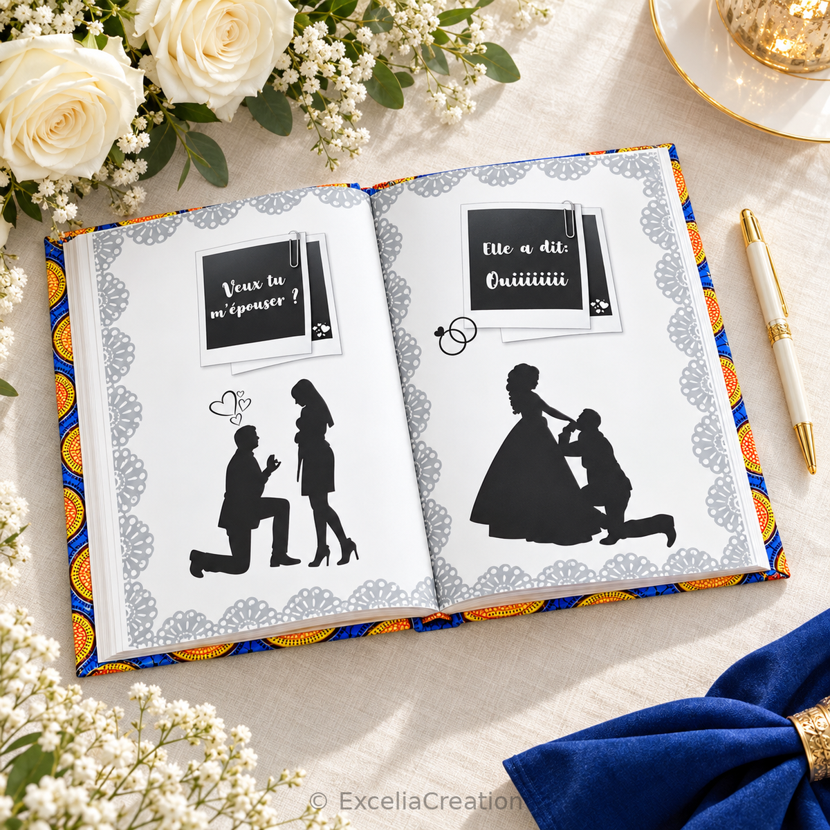 Double page illustrée de la demande en mariage dans le livre d’or Wax
