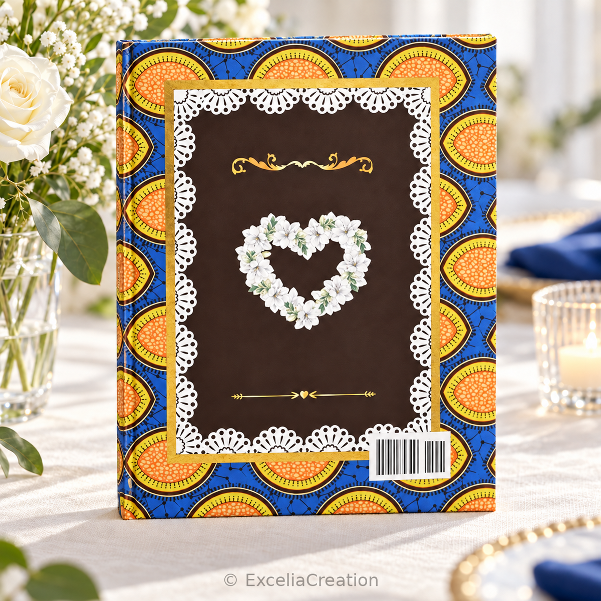 Quatrième de couverture du livre d’or Wax avec cœur floral blanc