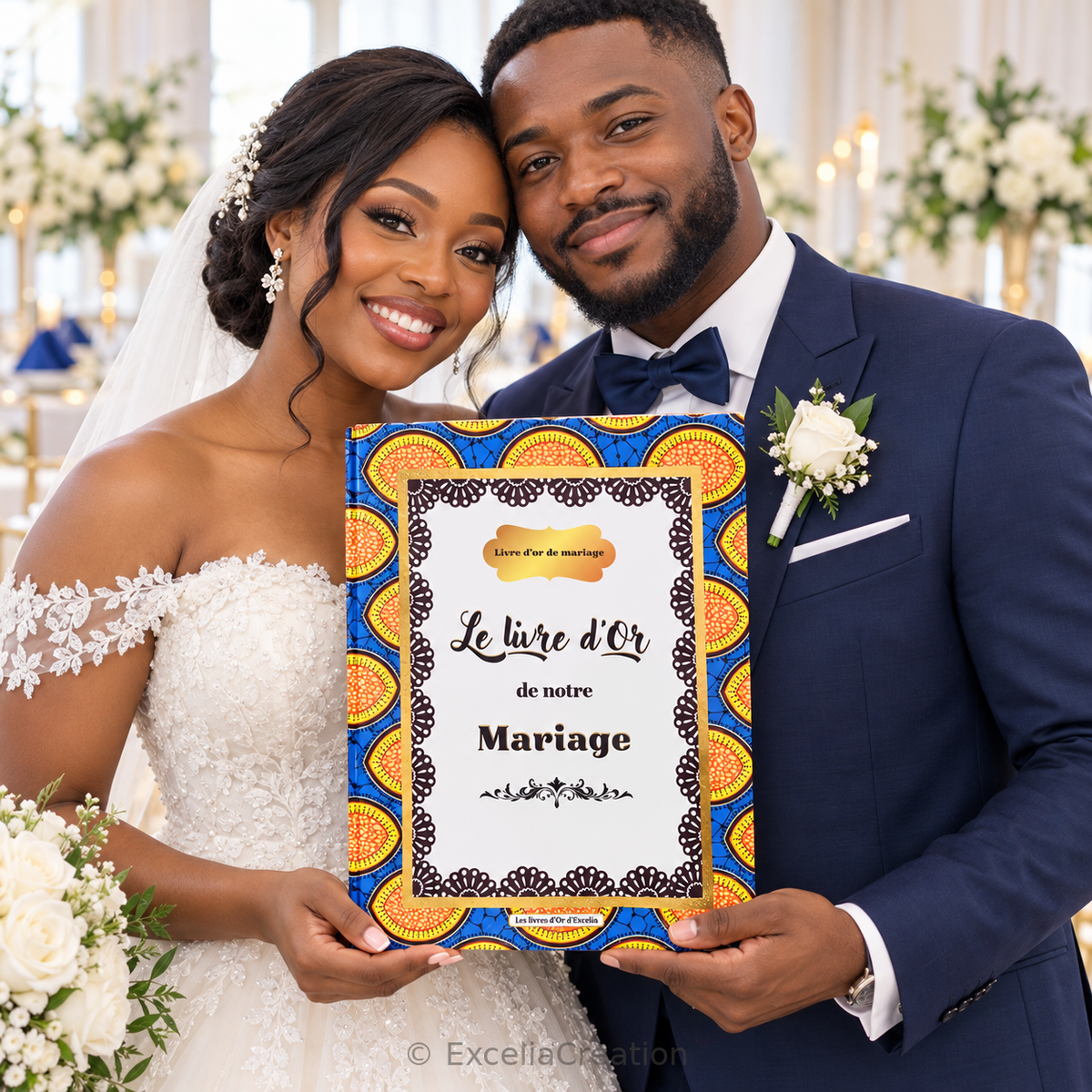 Les mariés présentent la couverture de leur livre d’or de mariage Wax