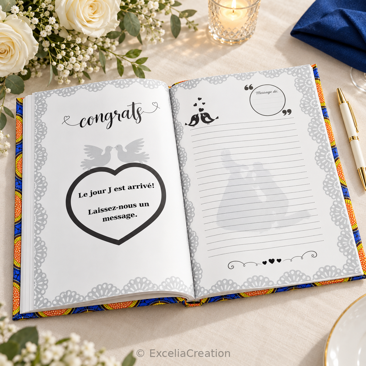 Livre d’or Wax ouvert sur les pages lignées pour les messages des invités
