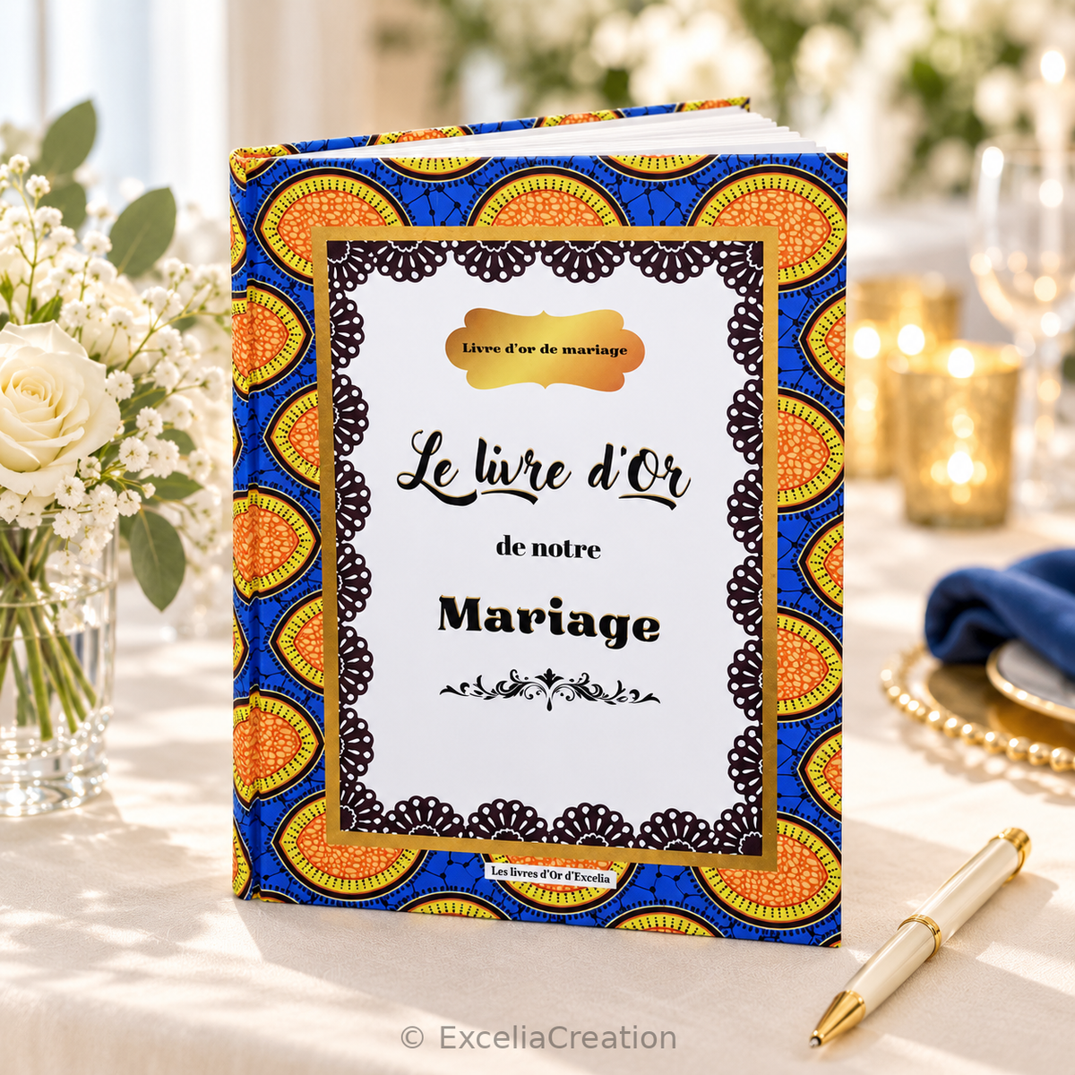 Livre d’or motif pagne Wax sur une table de mariage avec fleurs blanches