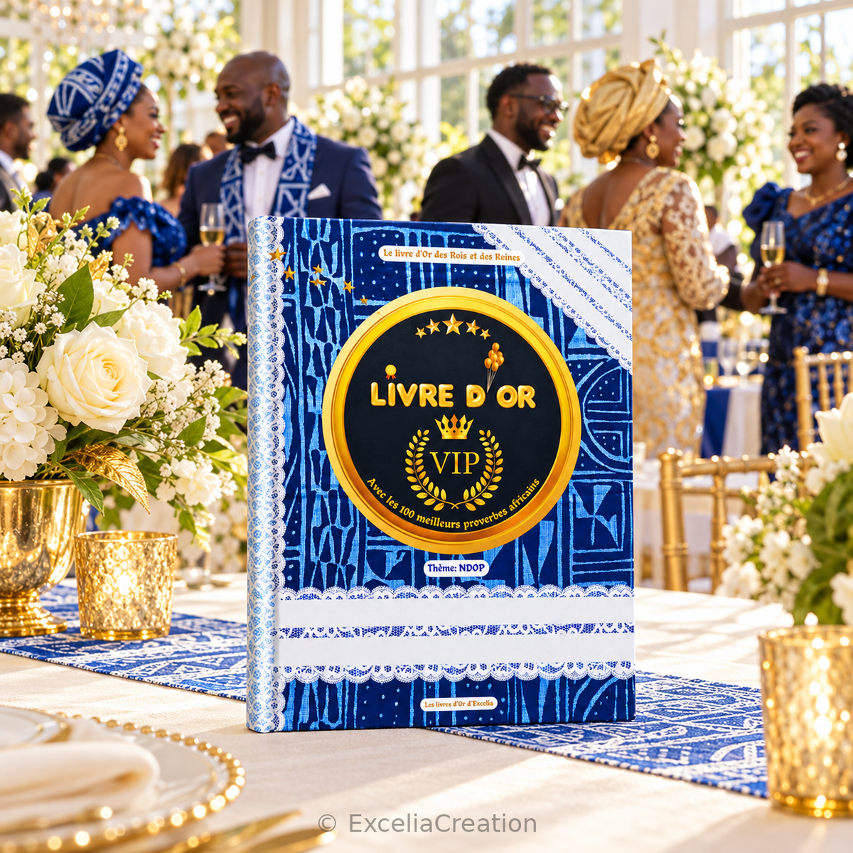 Livre d’or VIP Ndop bleu présenté sur une table de réception avec des convives