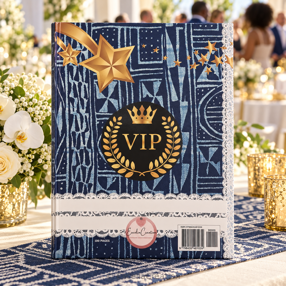 Quatrième de couverture du livre d’or VIP Ndop bleu avec étoiles, couronne et logo ExceliaCreation