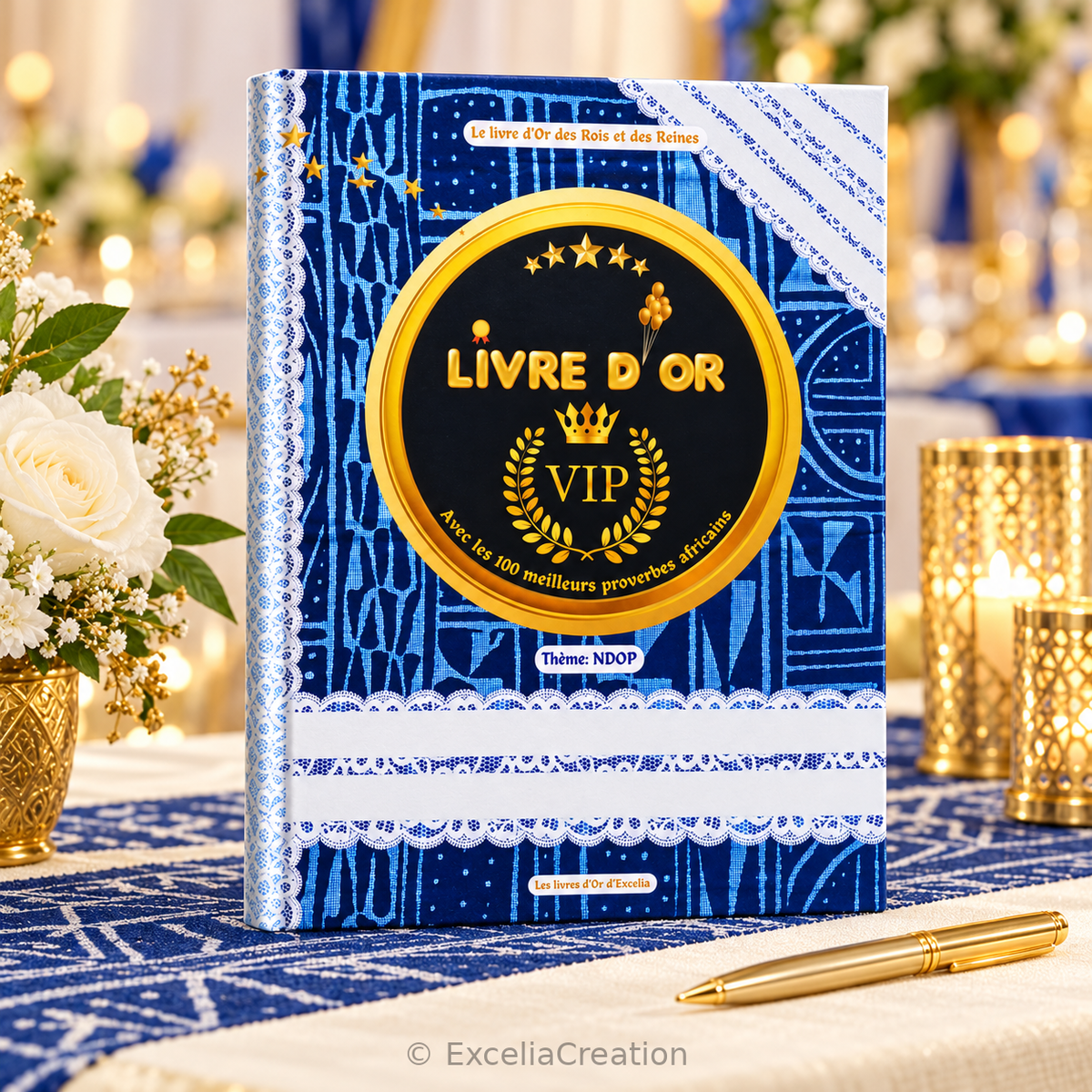 Livre d’or VIP Ndop bleu sur une table de réception ivoire, avec fleurs blanches et décor doré