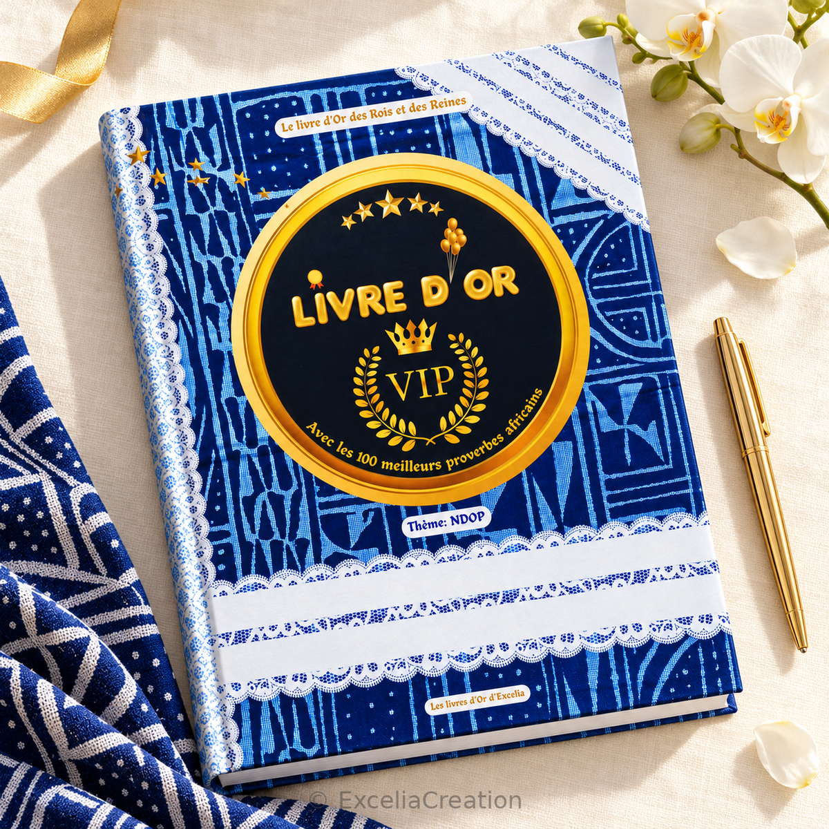 Livre d’or Ndop bleu fermé, vu du dessus sur une table ivoire avec des orchidées