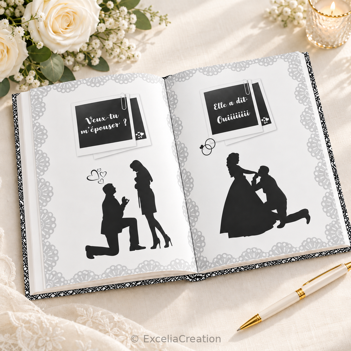 Pages intérieures du livre d’or illustrant la demande en mariage