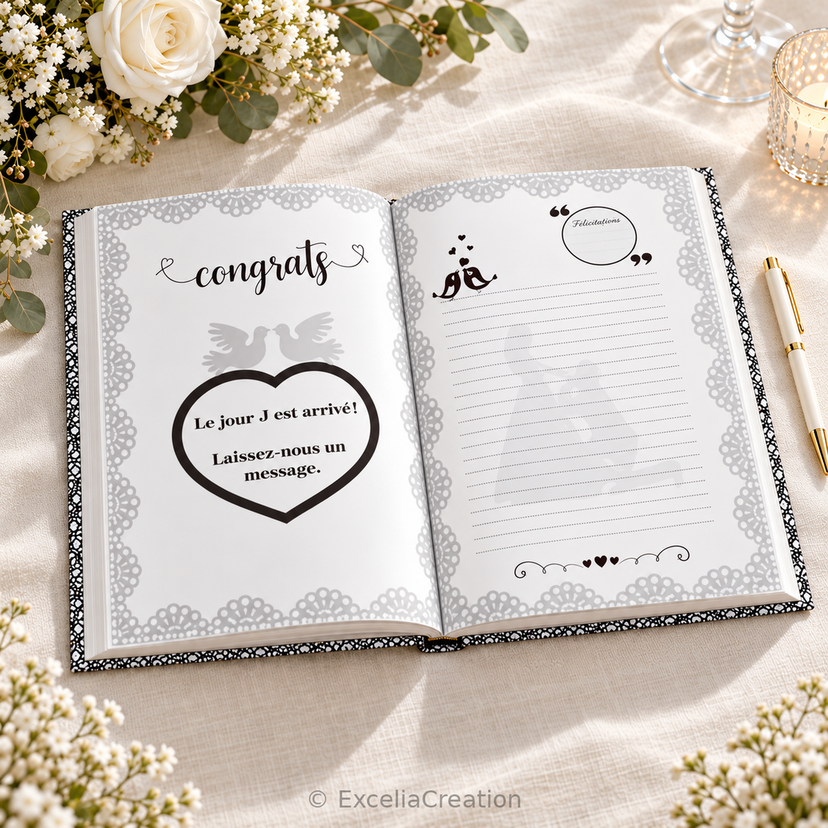 Livre d’or ouvert : page décorée et espace ligné pour les messages des invités