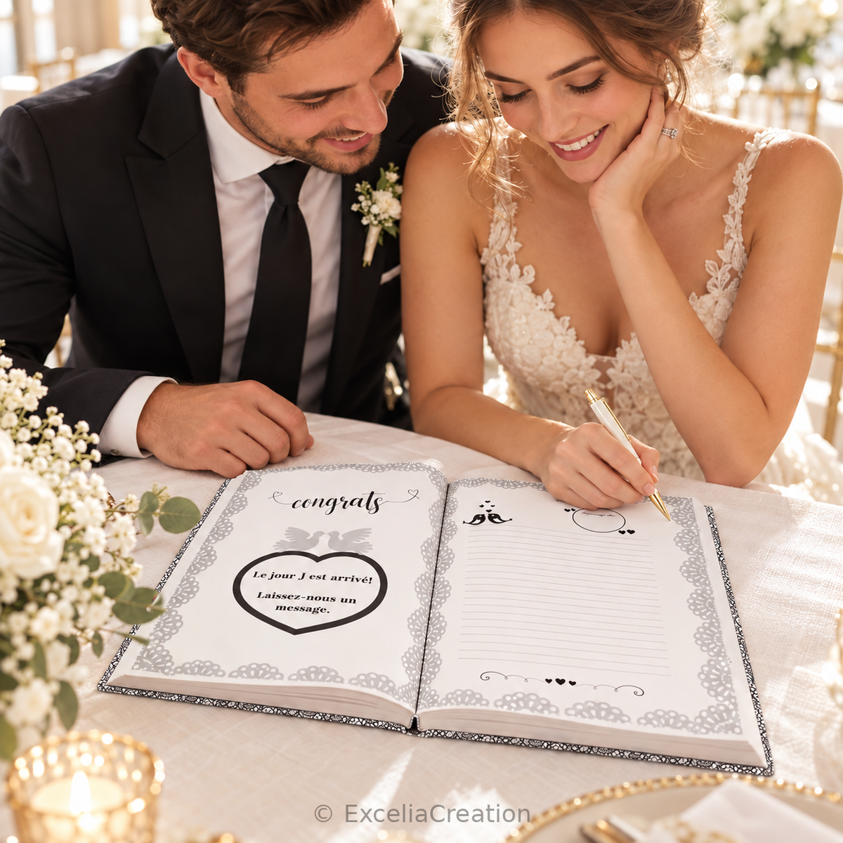 Les mariés présentent le livre d’or ouvert avec la phrase « Le jour J est arrivé ! Laissez-nous un message »
