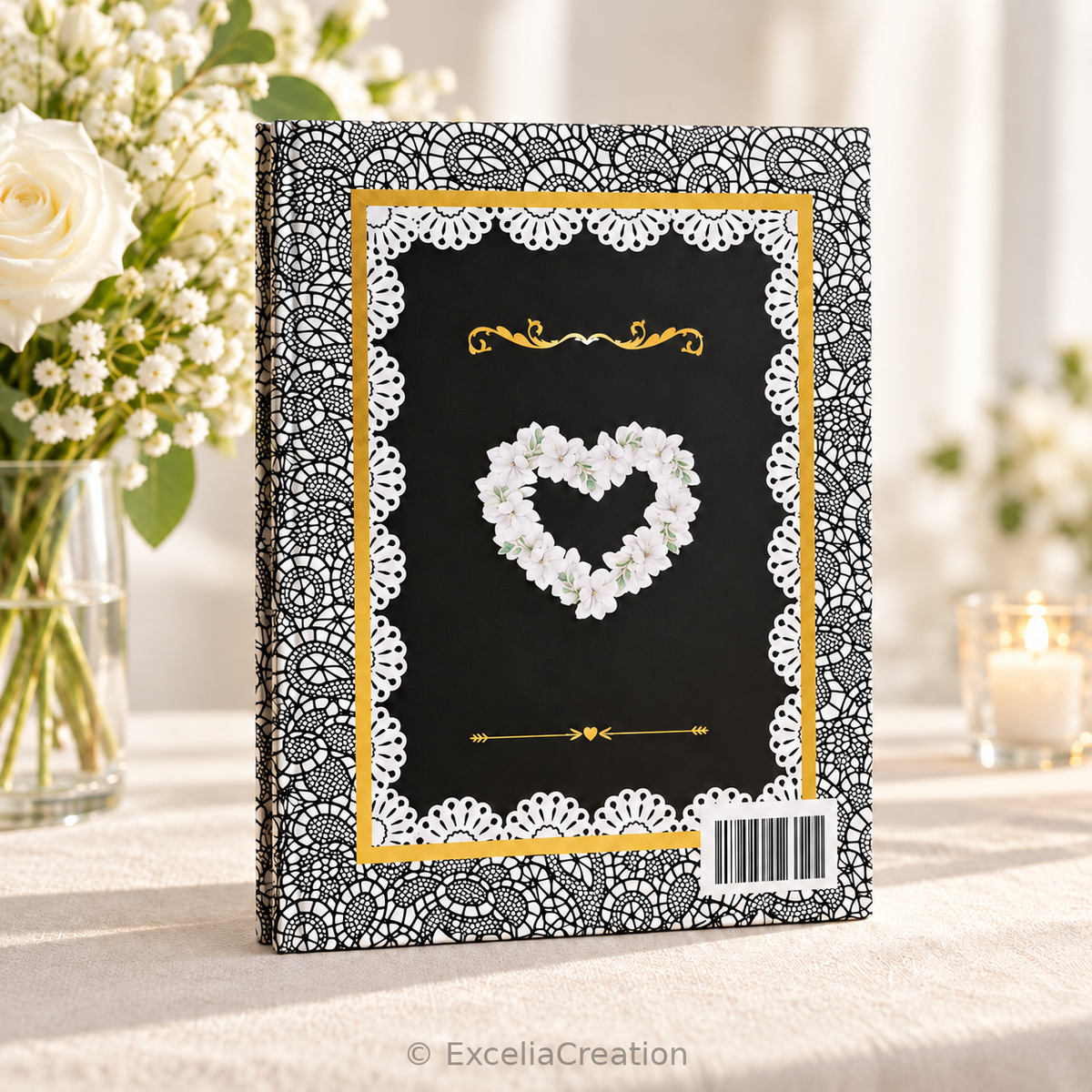 Quatrième de couverture du livre d’or, cœur floral blanc et motif dentelle