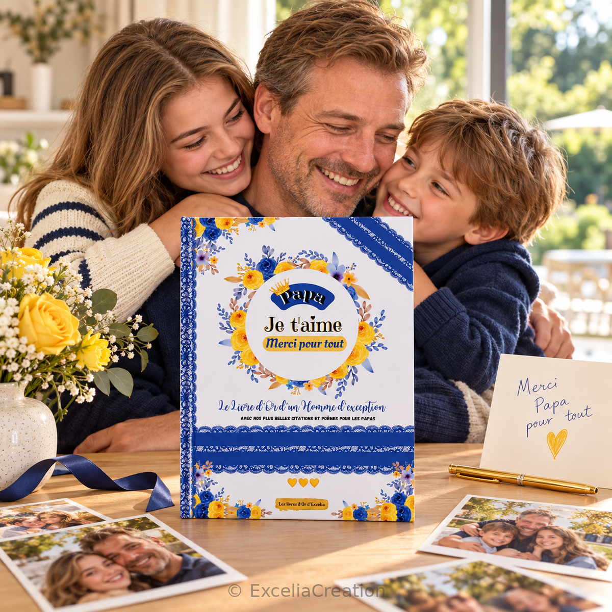 Livre d’or pour papa présenté devant un père et ses enfants