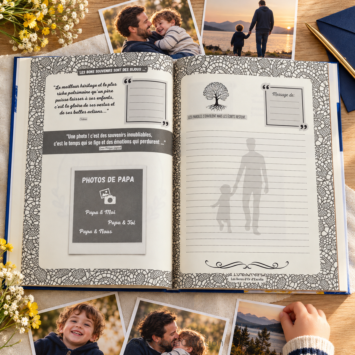 Pages du livre d’or pour papa avec espaces pour photos et messages