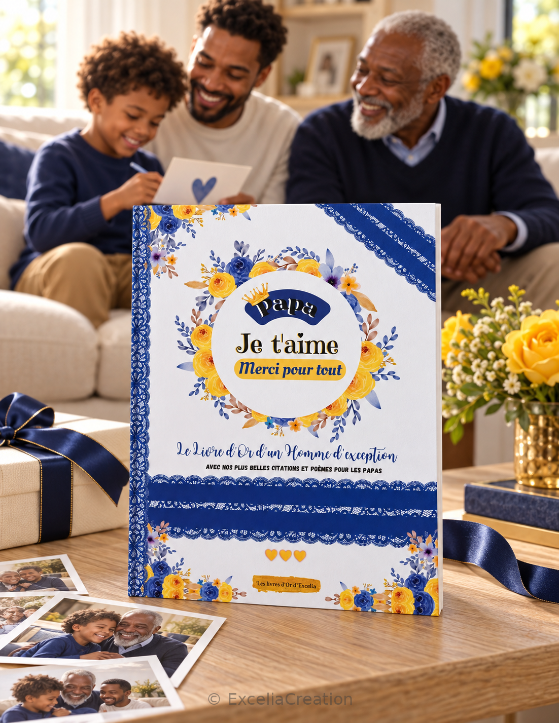 Livre d’or pour papa dans une scène réunissant trois générations