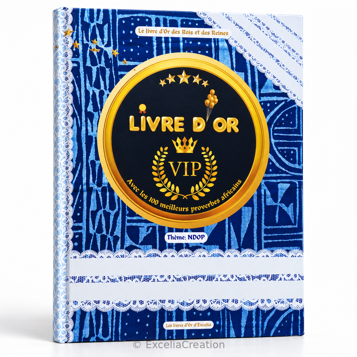 Couverture rigide du livre d’or VIP Ndop bleu, avec médaillon doré et 100 proverbes africains