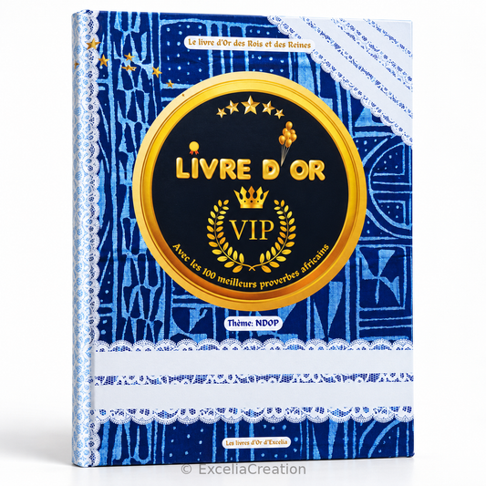 Couverture rigide du livre d’or VIP Ndop bleu, avec médaillon doré et 100 proverbes africains