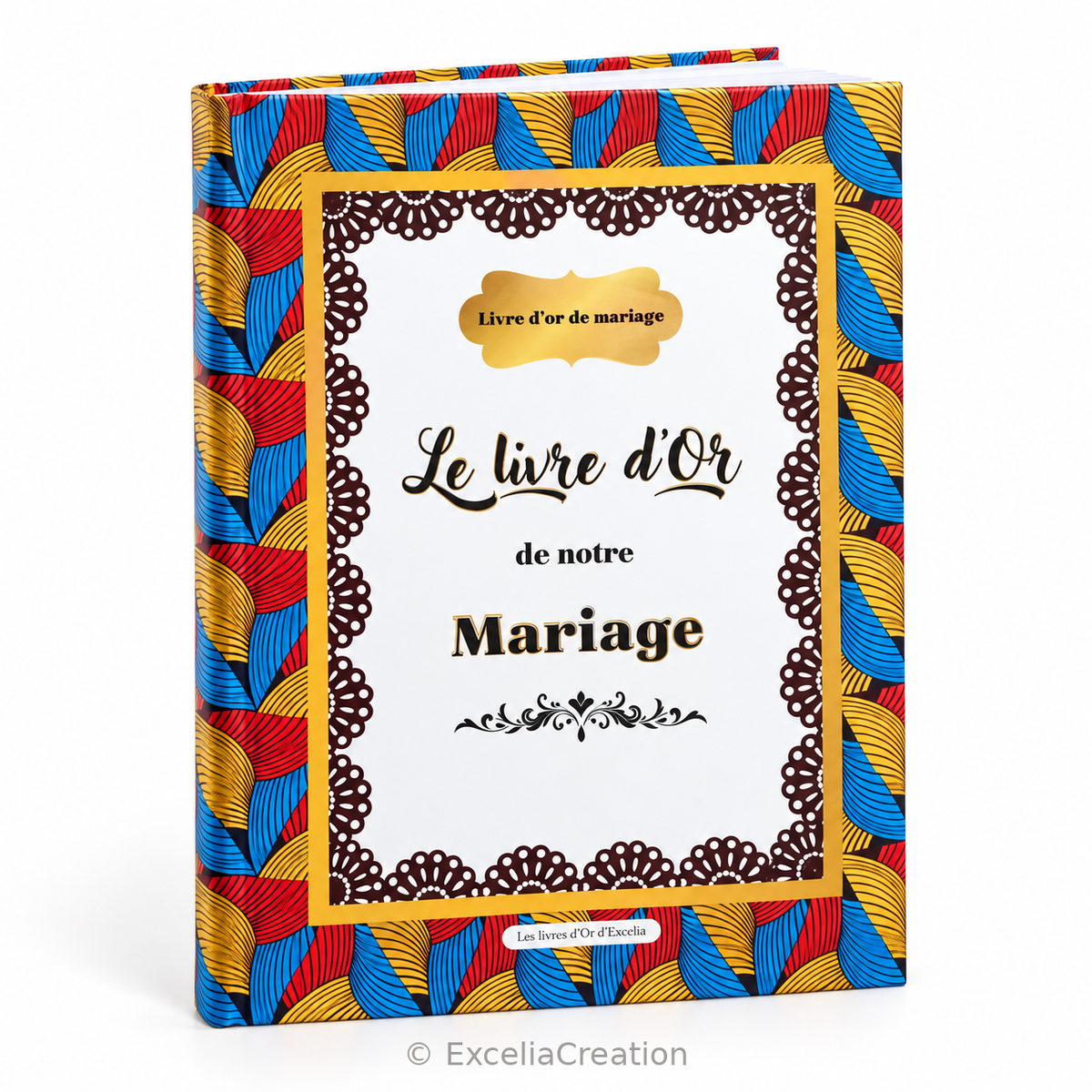 Livre d’or de mariage Wax exotique, couverture blanche et motifs rouges, bleus et jaunes