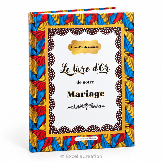 Livre d’or de mariage Wax exotique, couverture blanche et motifs rouges, bleus et jaunes