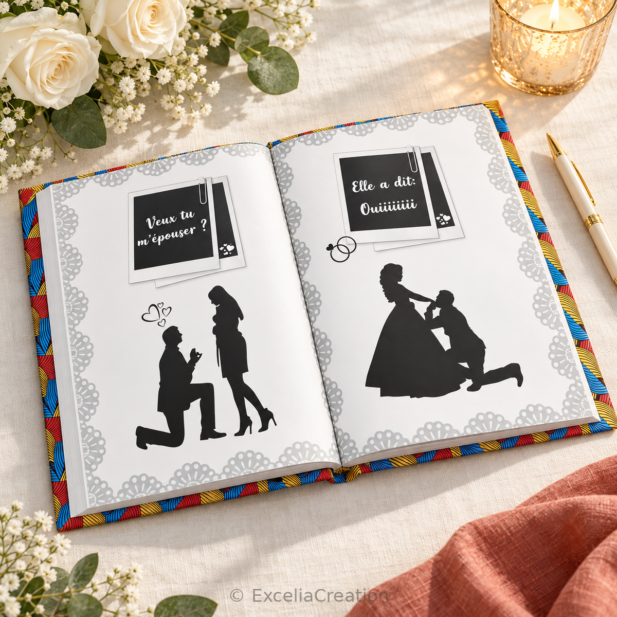 Pages illustrées de la demande en mariage du livre d’or Wax exotique