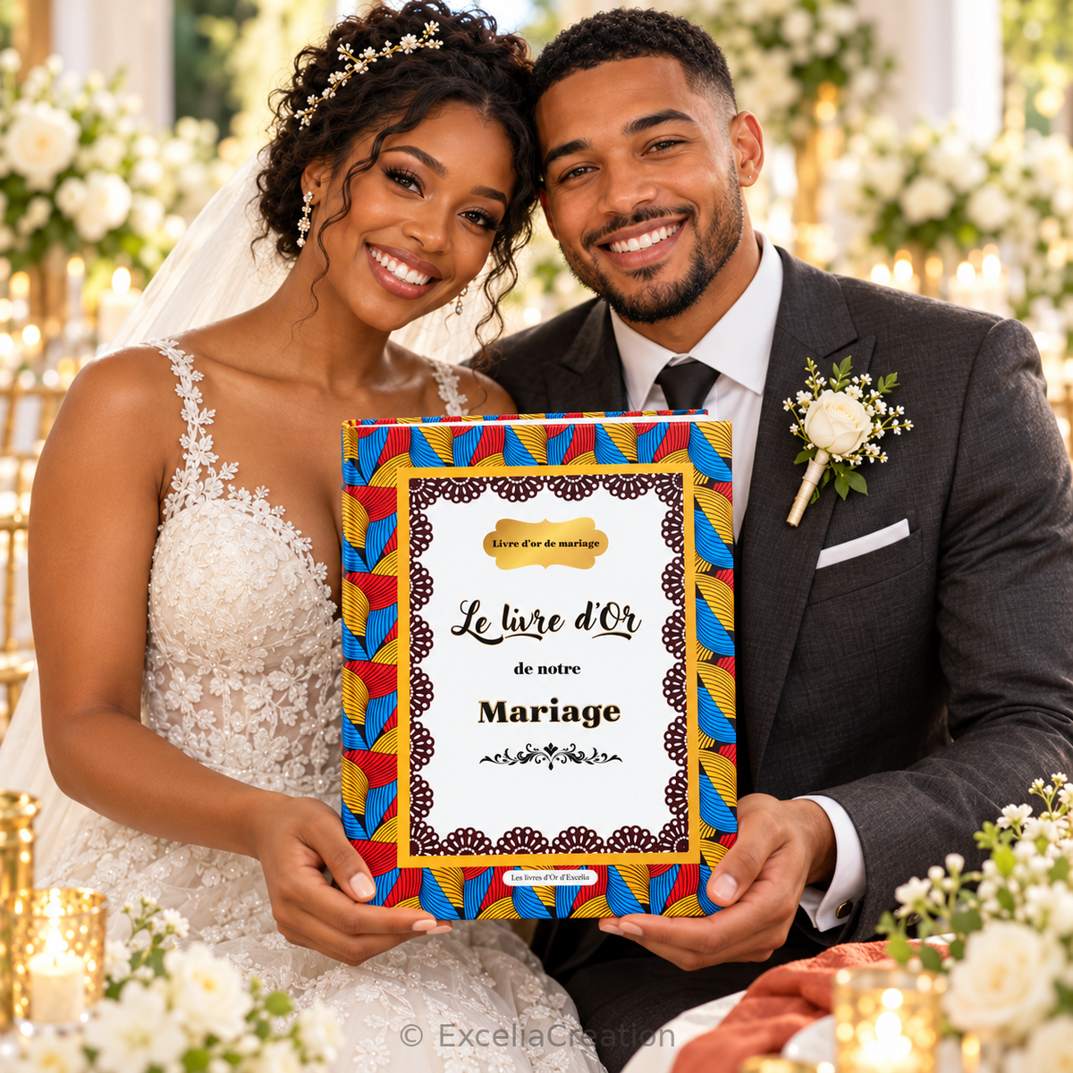 Les mariés présentent la couverture de leur livre d’or Wax exotique