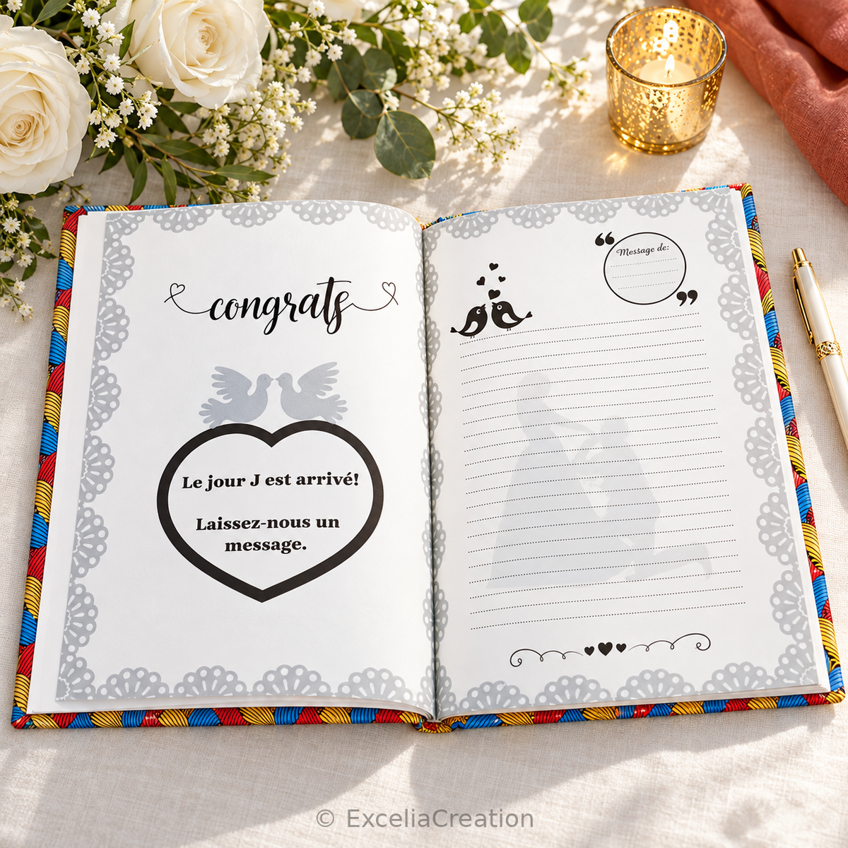 Livre d’or Wax exotique ouvert sur les pages lignées et la phrase invitant à laisser un message