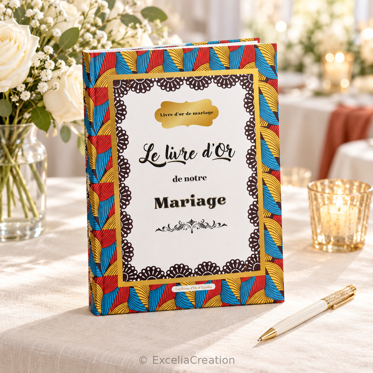Livre d’or Wax exotique sur une table de mariage avec fleurs blanches