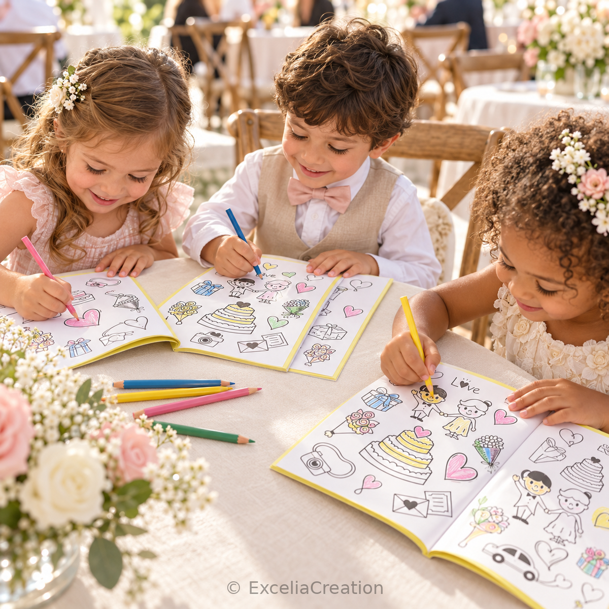 Enfants coloriant dans leurs livrets autour de leur table au mariage