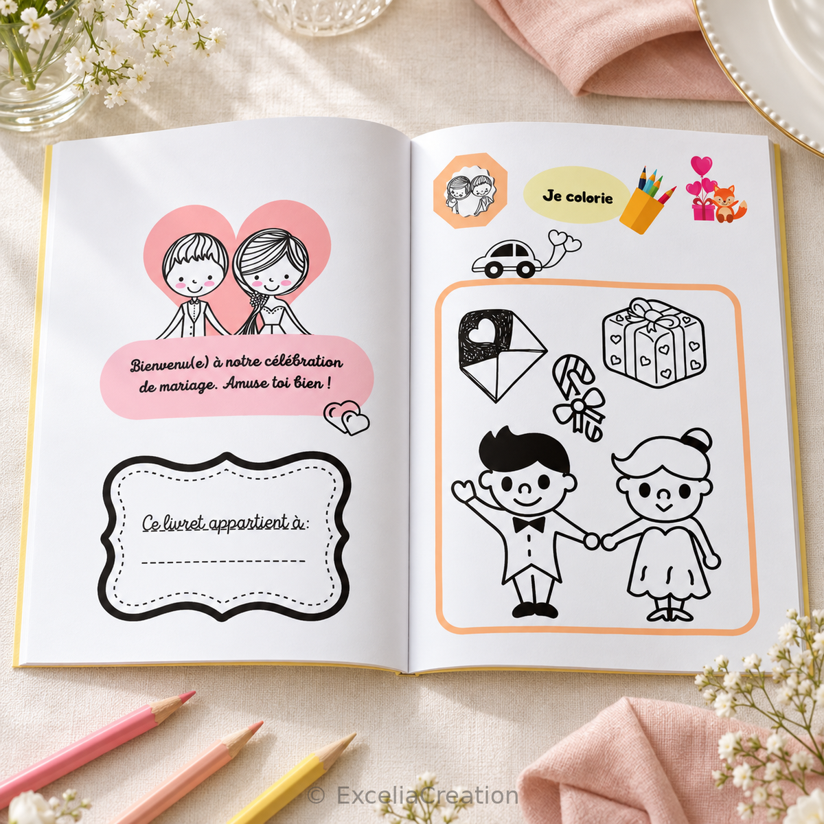 Page de bienvenue et page Je colorie du livret de mariage