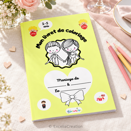 Livret de coloriage mariage 2 à 5 ans sur une table fleurie