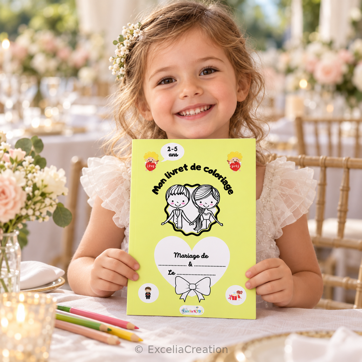 Jeune invitée présentant son livret de coloriage au mariage