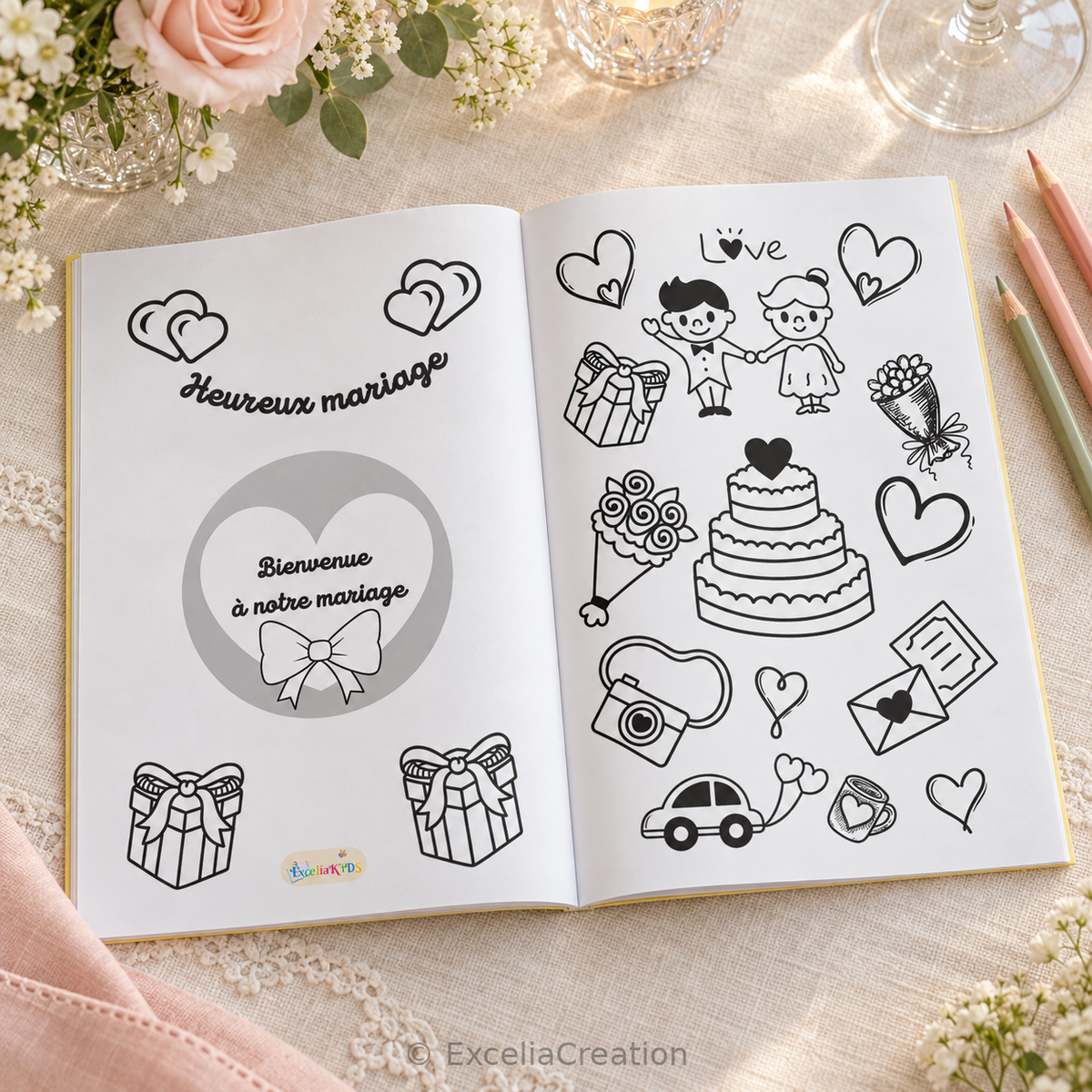 Livret ouvert sur les coloriages du mariage