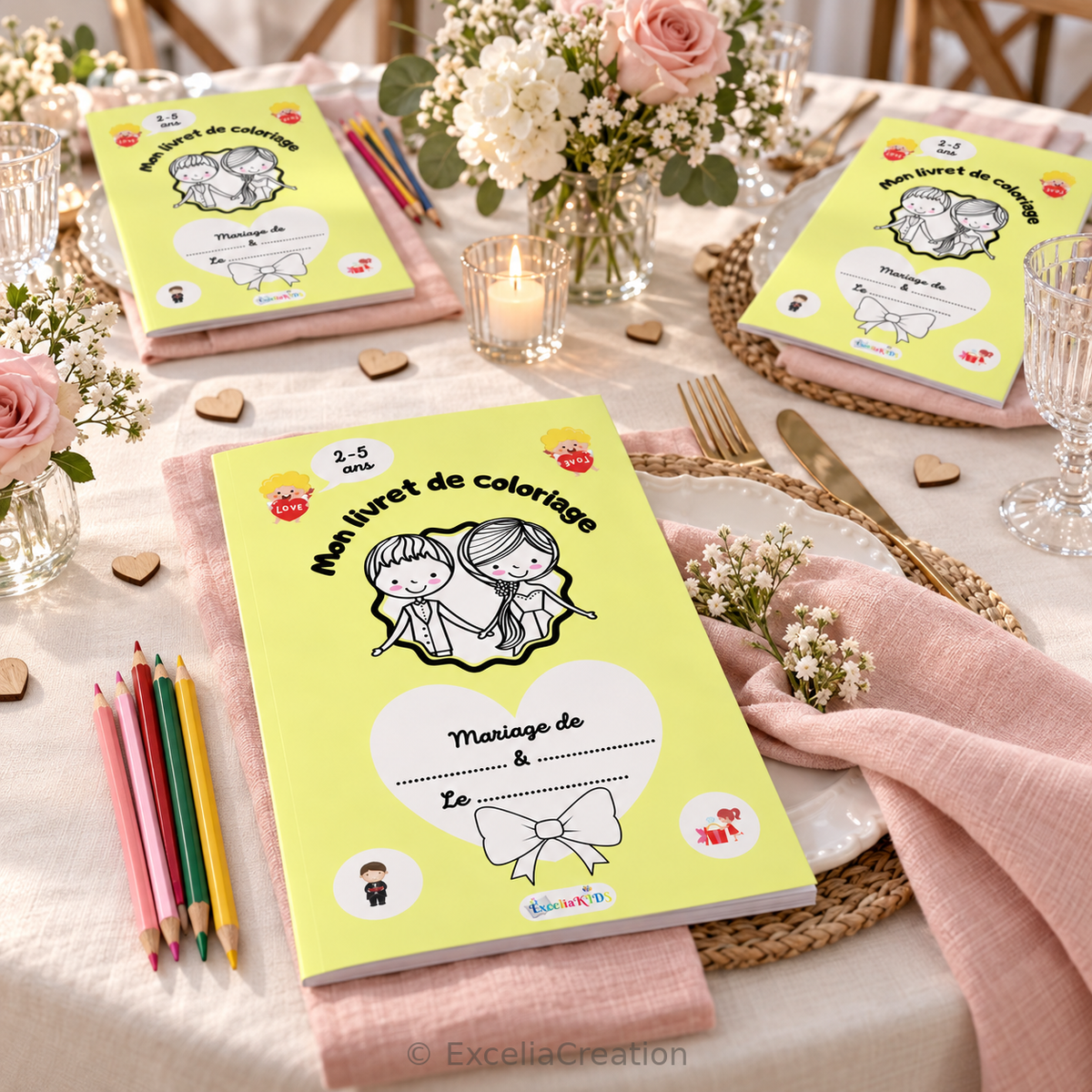 Livrets de coloriage disposés aux places des enfants au mariage