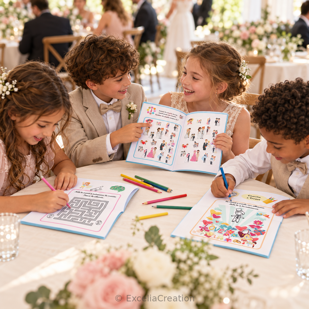 Enfants réalisant les jeux de leurs livrets autour de la table au mariage